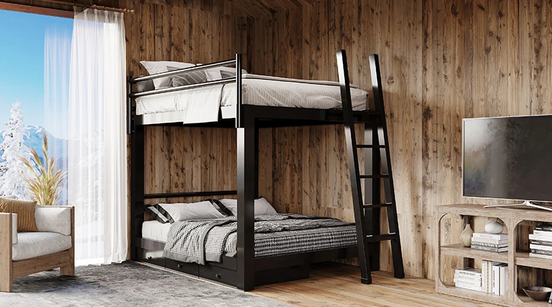 Black Queen Over Queen Bunk Bed for Adults in a nice, upscale mountain home with wood paneled walls seen from the lower right-hand corner of the bed.