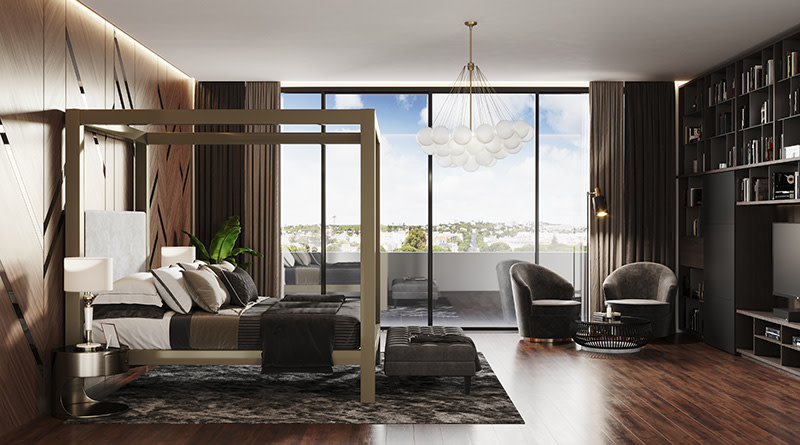 A light bronze California king size metal canopy bed in a large and opulent master bedroom with stylized brown walls seen from the left side of the bed and at a distance.