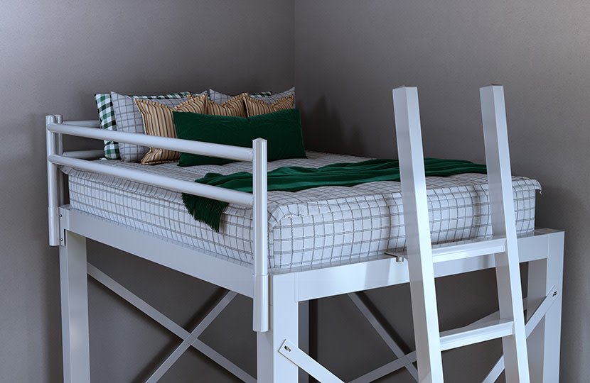Aiden-style (off-white with grayish brown cross pattern) zipper bedding covering the mattress on a white Queen Size Adult Loft Bed seen at a close angle from the right-hand corner.