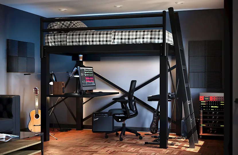 A modern bedroom with a loft bed above a workspace. The desk holds a computer with speakers and a microphone. Guitars are placed nearby, and a chair is tucked under the desk. Acoustic foam panels line the walls, giving the room a music studio vibe.