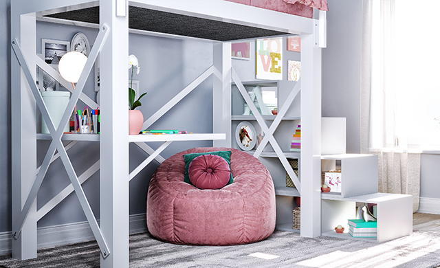 A white Twin XL size Adult Loft Bed with stairs and a bookshelf in a bedroom designed for a teenage girl. Seen from below from the right-hand side of the "head" of the bed.