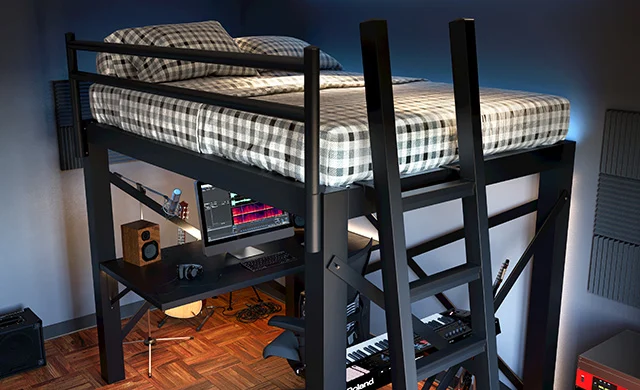 A Black Queen Size Adult Loft Bed with a home recording studio setup beneath the loft bed frame. Seen from above from the lower right-hand corner.