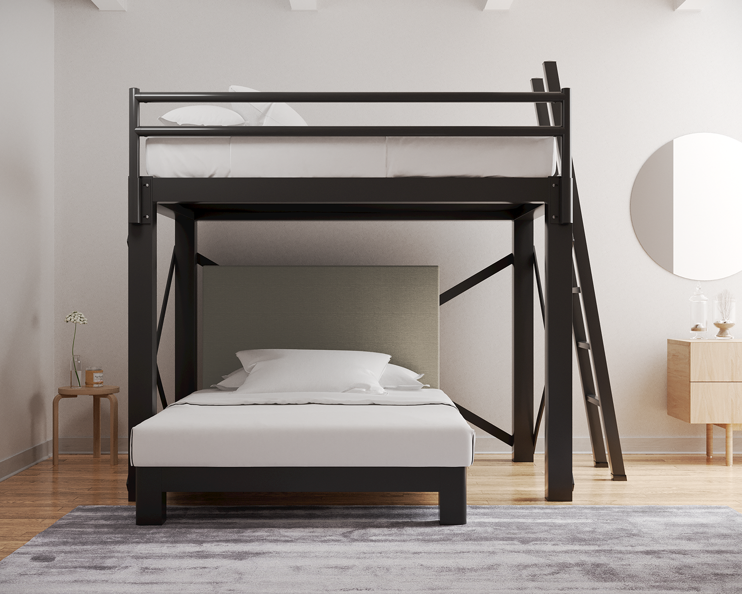 Full L Shaped Bunk Bed Charcoal Ladder Light Gray