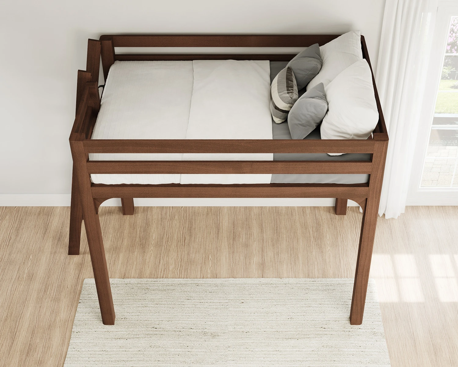 Queen Wood Loft Bed Walnut Ladder