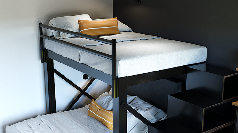 Black L-Shaped Bunk Bed for Adults in a high-end guest room in a luxury vacation rental seen from a high angle near the lower right-hand corner of the top bunk.
