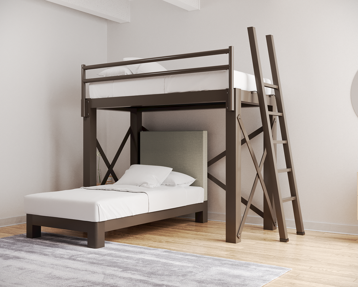 Twin L Shaped Bunk Bed Bronze Ladder Light Gray