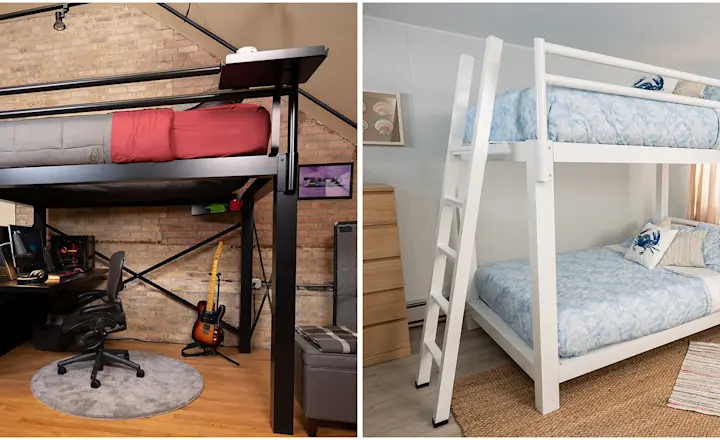 A Black Queen Loft Bed and a White Queen Over Queen Adult Bunk Bed in two separate photos side by side in a single image