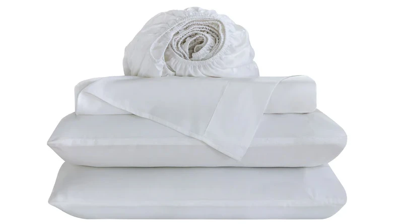 White Wyoming King size Bamboo Sheet Set with all components placed together on a white background.