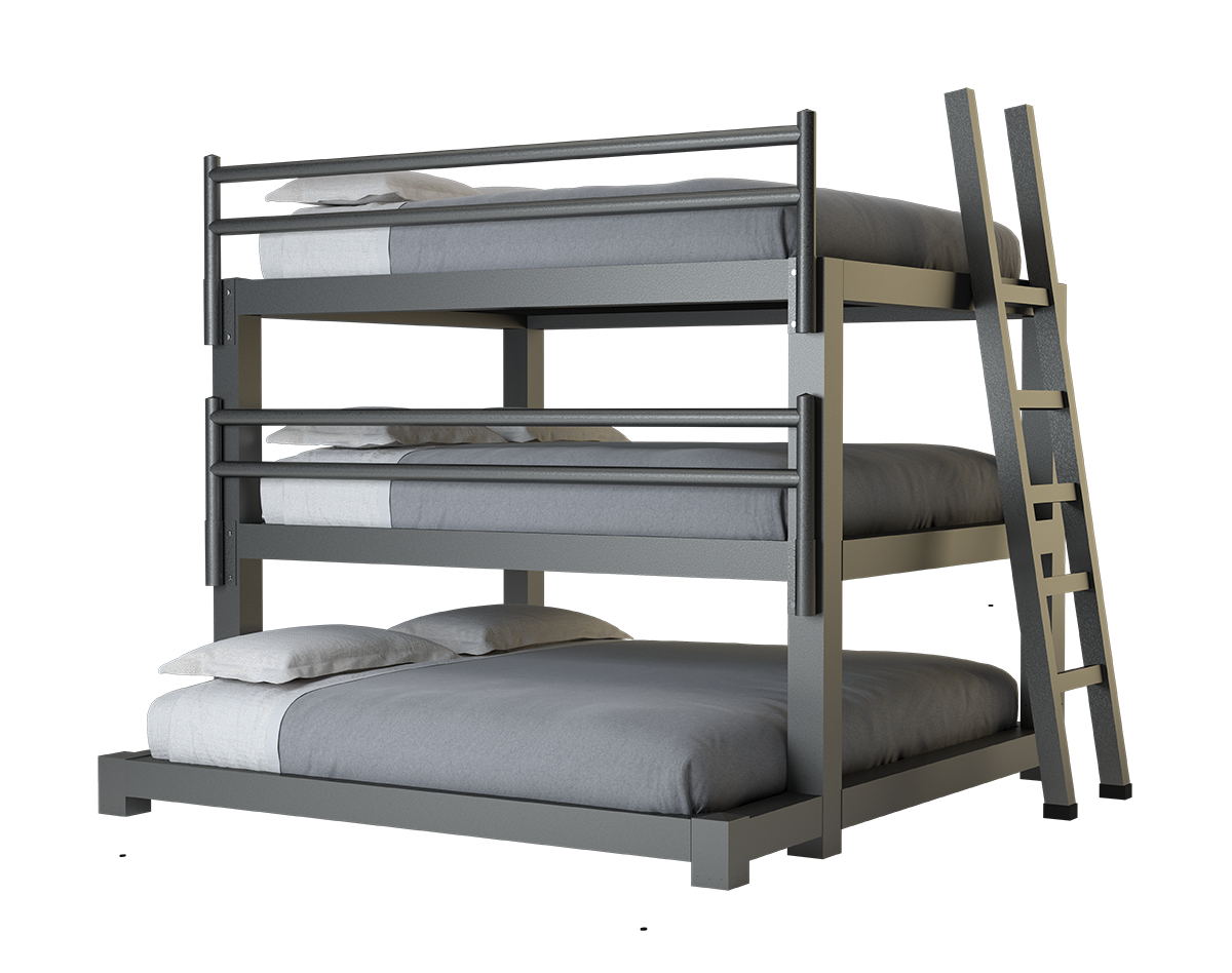 A charcoal Queen Over Queen Over King Triple Bunk Bed for Adults