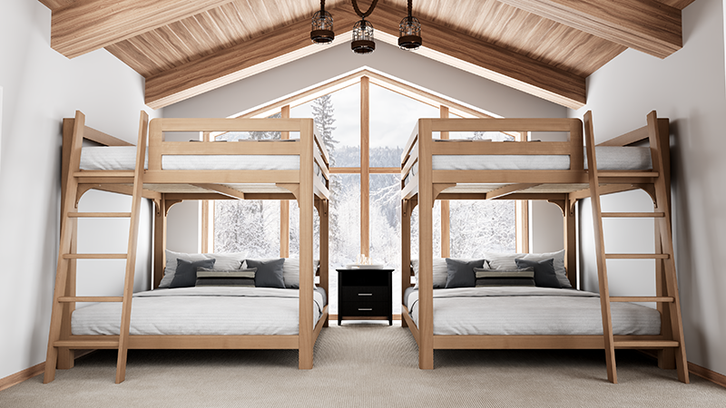 Double King Size Wood Bunk Beds for Adults in Upscale Cabin Bedroom