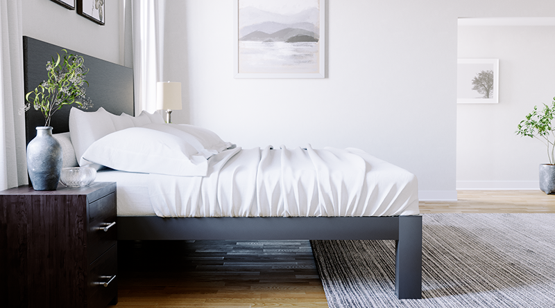Charcoal Florida King size metal Platform Bed with a charcoal headboard and all white bedding and pillows. Seen in an upscale, neutral master bedroom directly from the left-hand side of the bed.