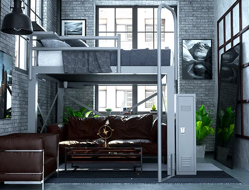 A light gray king size Adult Loft Bed in a modern industrial style apartment seen directly from the right side.