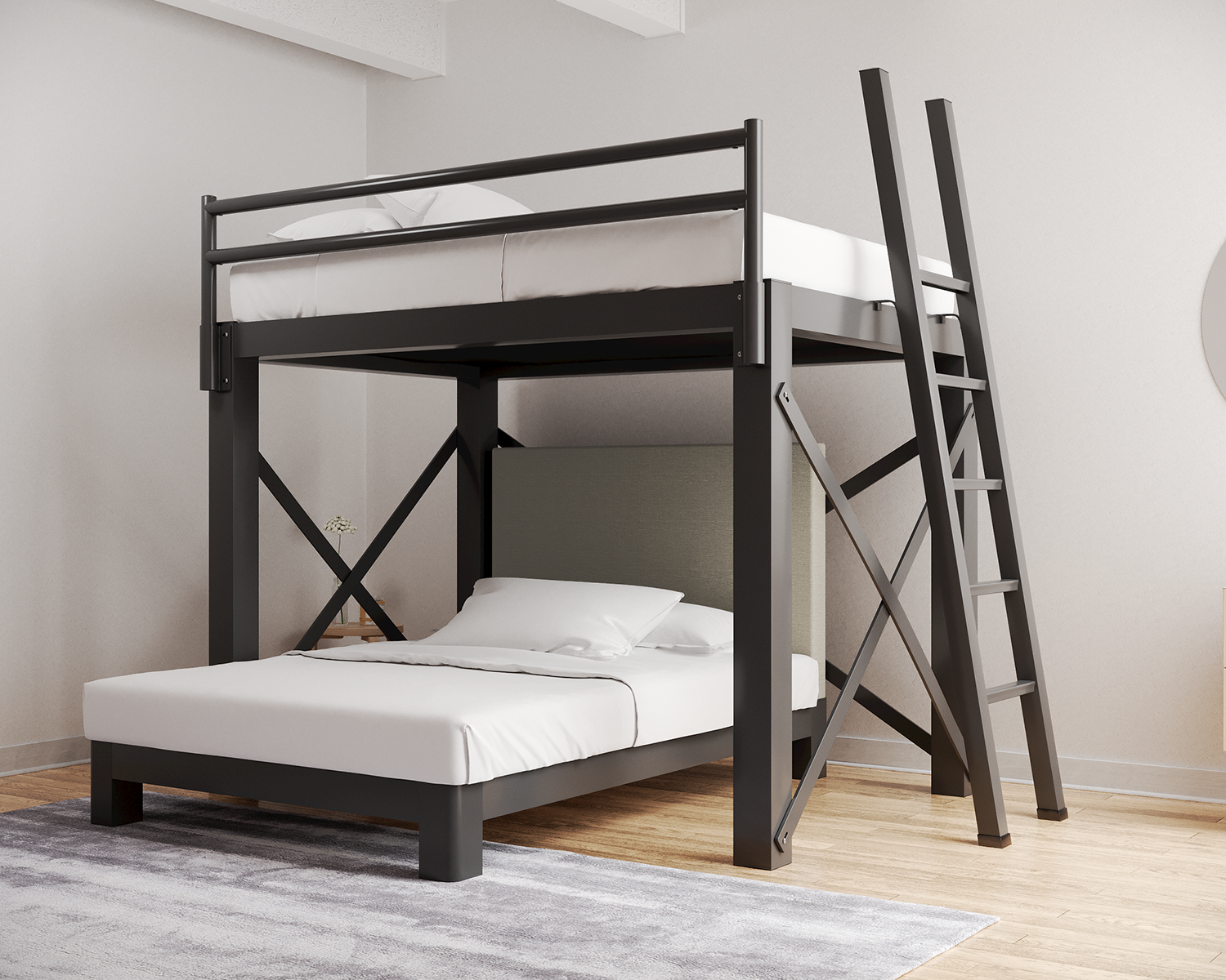 Full L Shaped Bunk Bed Charcoal Ladder Light Gray