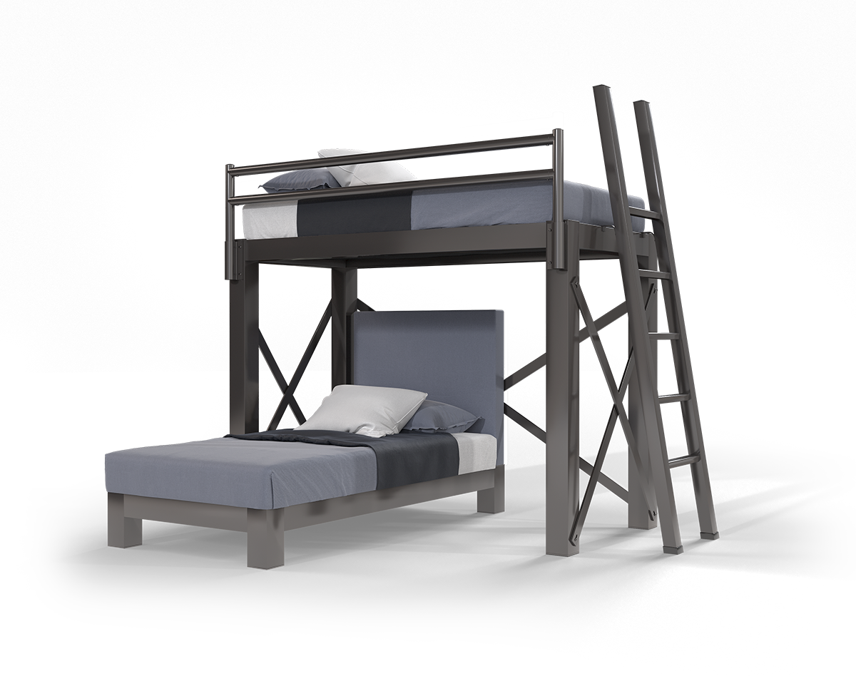 A charcoal Twin Over Twin L-Shaped Bunk Bed
