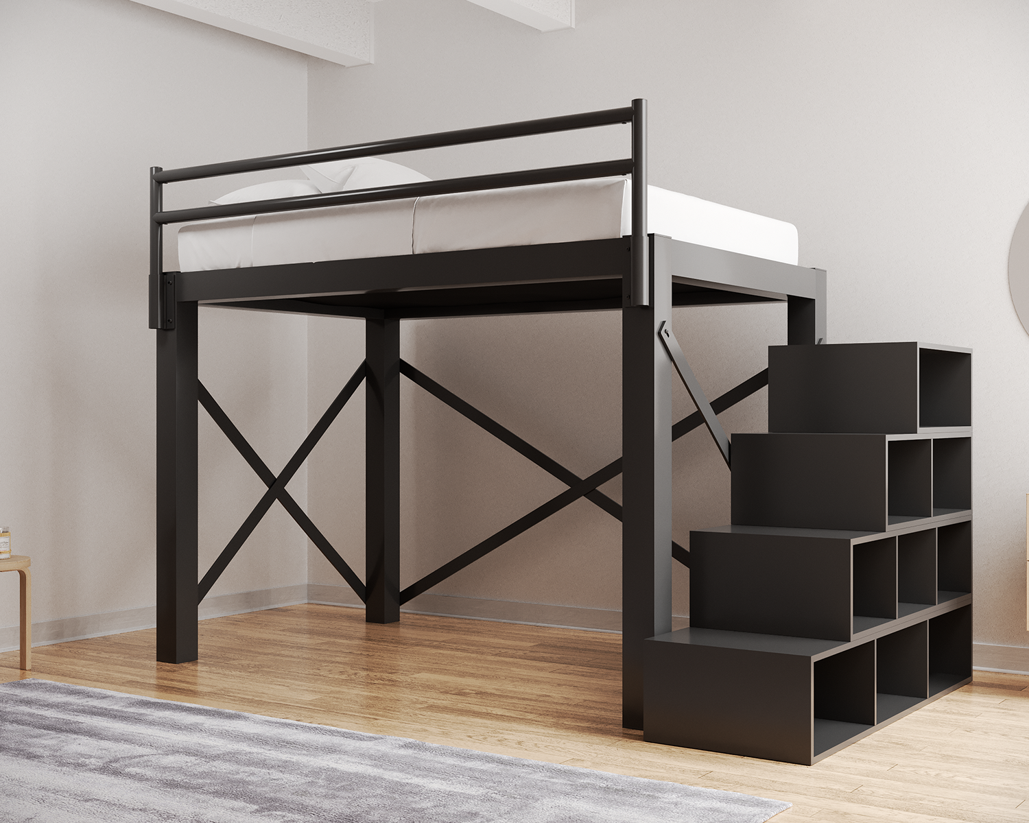 Full Xl Loft Bed Charcoal Staircase