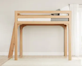 Light colored queen size wooden loft bed for adults in a neutral, sparse room seen directly from the left side of the bed.