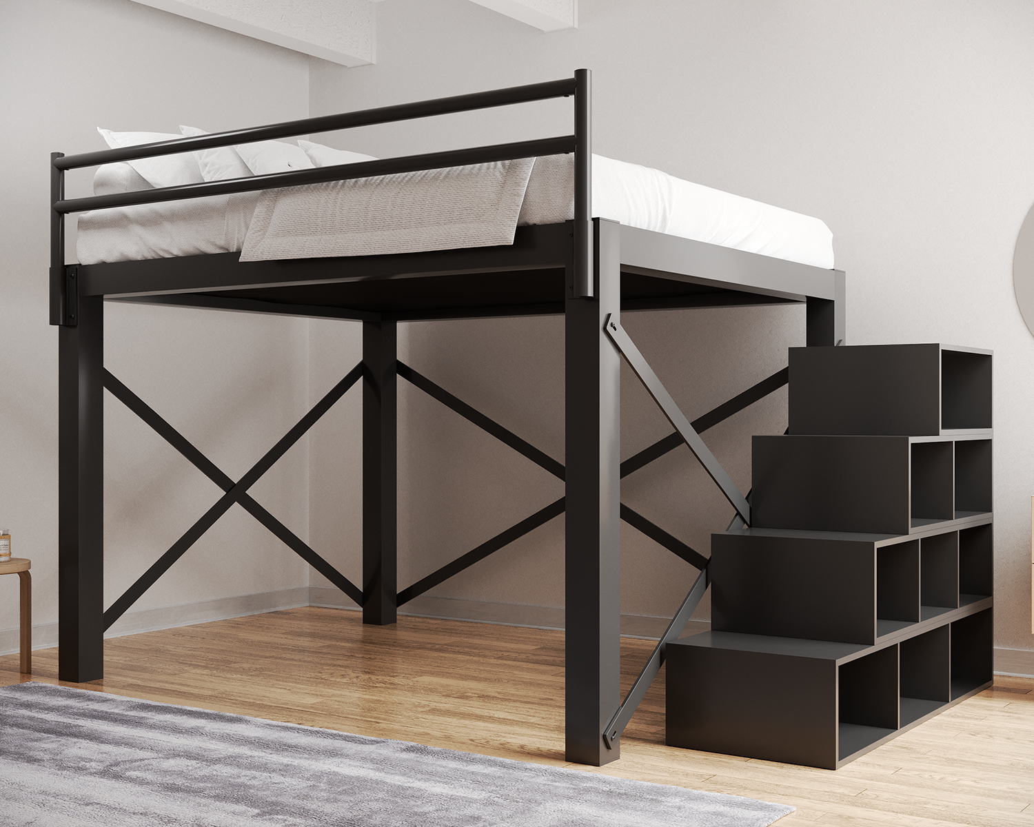 California King Loft Bed Charcoal Staircase