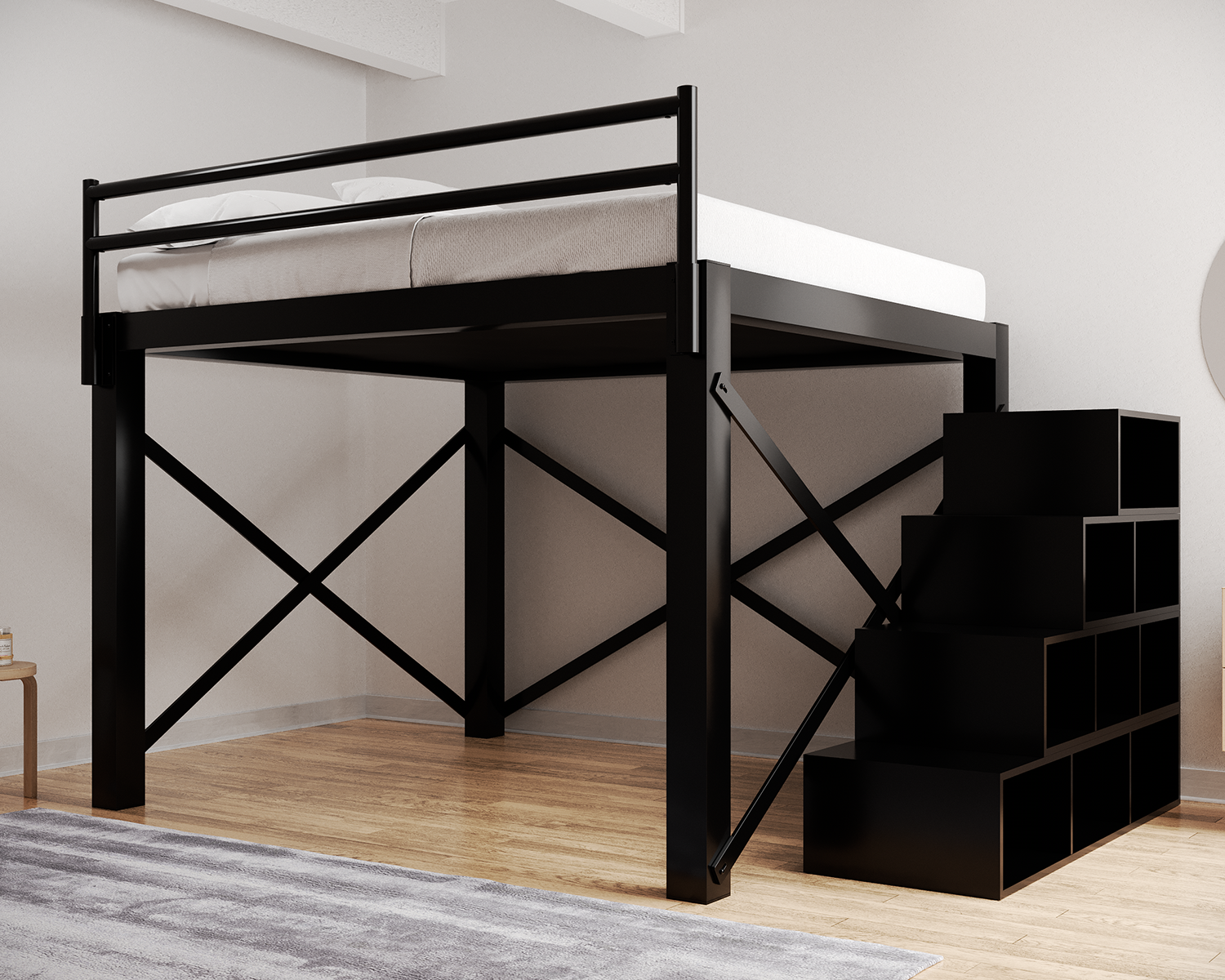 King Loft Bed Black Staircase