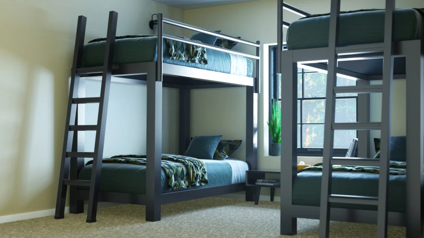 Two Charcoal Adult Bunk Beds in a simple dorm bedroom. Seen from the lower left-hand corner of the bed on the left side of the frame, with the other partially in frame on the right side of the image.