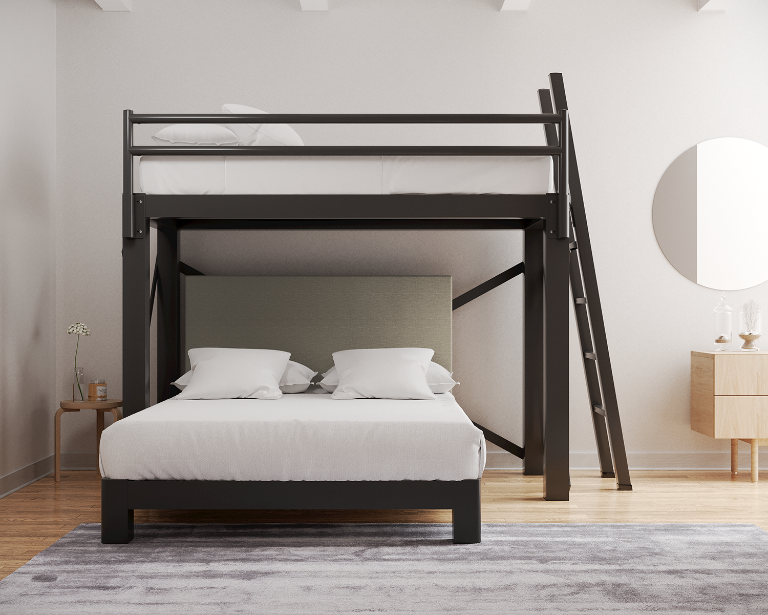 Twin Over Queen L Shaped Bunk Bed Charcoal Ladder Light Gray