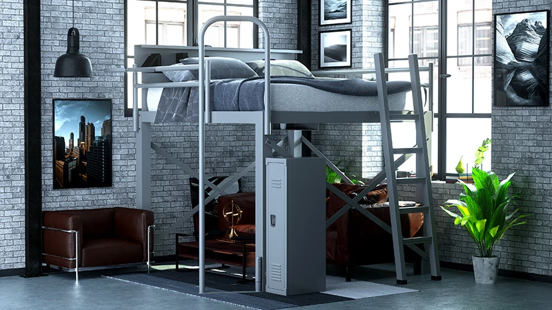 Gray King Loft Bed with a fire pole and matching locker in a very nice urban studio apartment with exposed white-gray brick walls seen from the foot of the bed at a slight angle toward the lower right-hand corner.