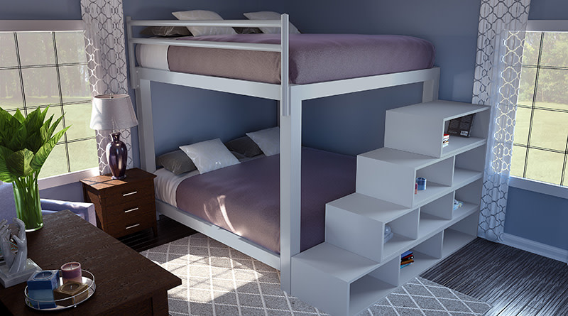 A light gray King Over King Adult Bunk Bed in someone's guest room