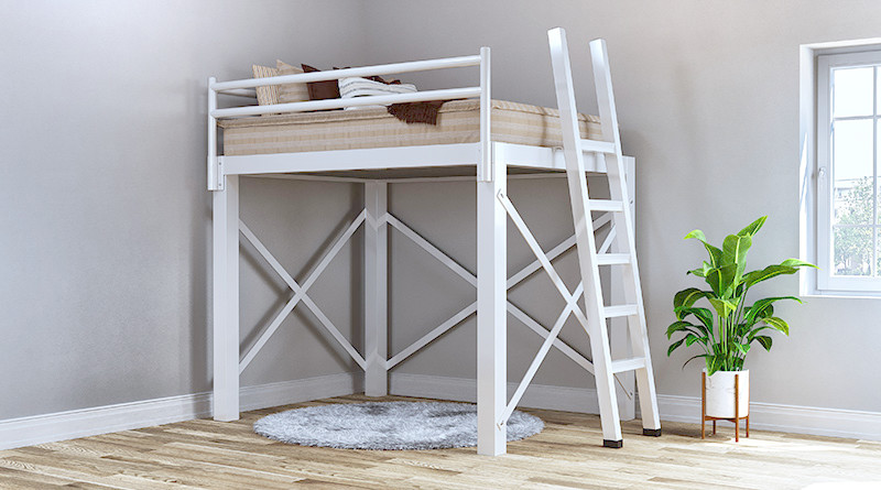 Davis-style (tan with white vertical stripes) zipper bedding covering the mattress on a white Queen Size Adult Loft Bed seen at a distant angle from the right-hand corner.