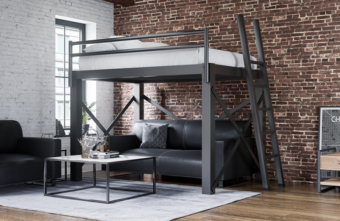 Charcoal Queen loft Bed for Adults in an upscale urban loft apartment with exposed brick walls seen from the right-hand side of the bed away from the wall at a slight angle toward the foot of the bed, which has a black leather couch below
