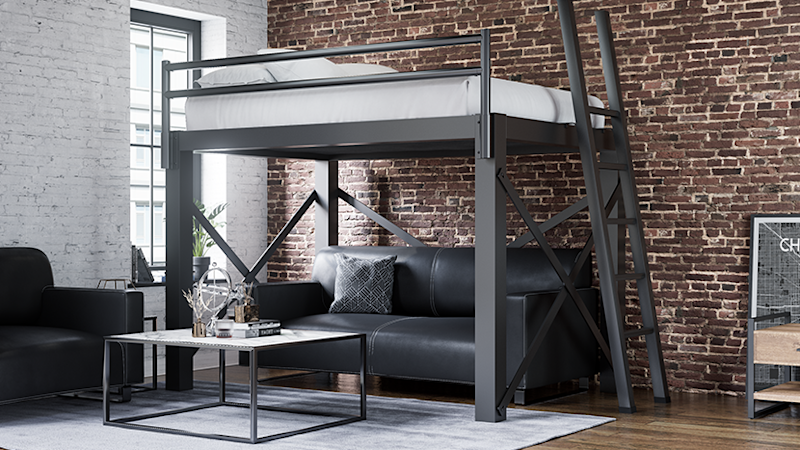 Charcoal Queen loft Bed for Adults in an upscale urban loft apartment with exposed brick walls seen from the right-hand side of the bed away from the wall at a slight angle toward the foot of the bed, which has a black leather couch below