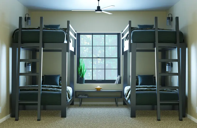 Two Charcoal Adult Bunk Beds in a simple dorm bedroom. Seen directly from the foot of both beds frames.