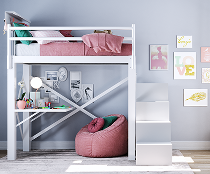 A white Twin XL size Adult Loft Bed with stairs and a bookshelf in a bedroom designed for a teenage girl. Seen directly from the right side.