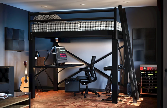 Black Loft Bed for Adults in a nice bedroom with an attached desk that has a computer and speakers on it set up for a home music recording studio with various instruments about.