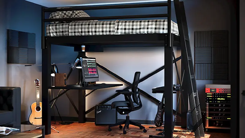 Black Loft Bed for Adults in a nice bedroom with an attached desk that has a computer and speakers on it set up for a home music recording studio with various instruments about.