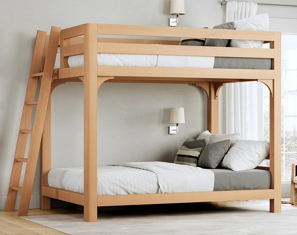 Light-colored Queen Over Queen Wood Bunk Bed for Adults in a nice, upscale guest bedroom seen from the left-hand side of the bed at a slight angle toward the foot of the bed.