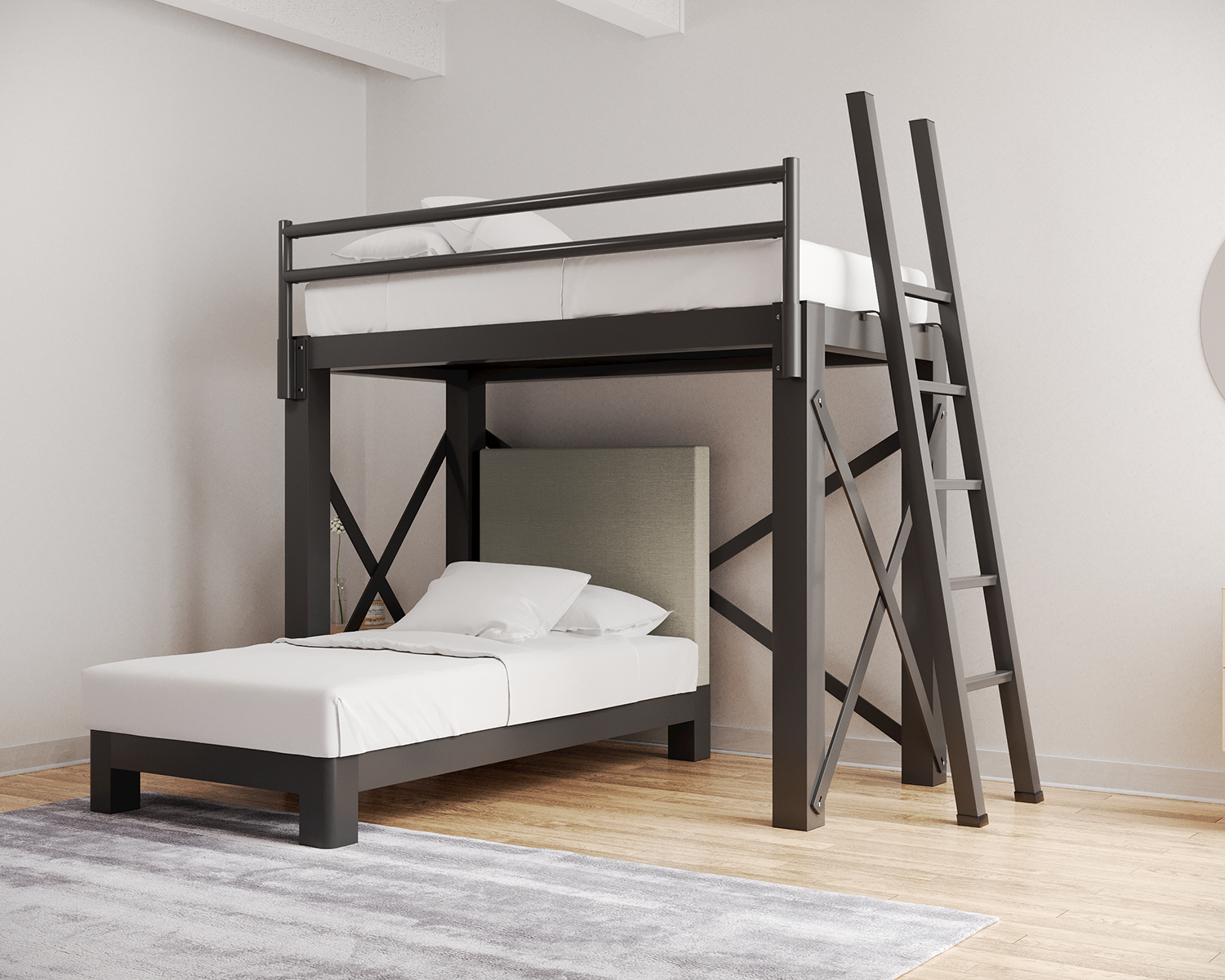 Twin L Shaped Bunk Bed Charcoal Ladder Light Gray