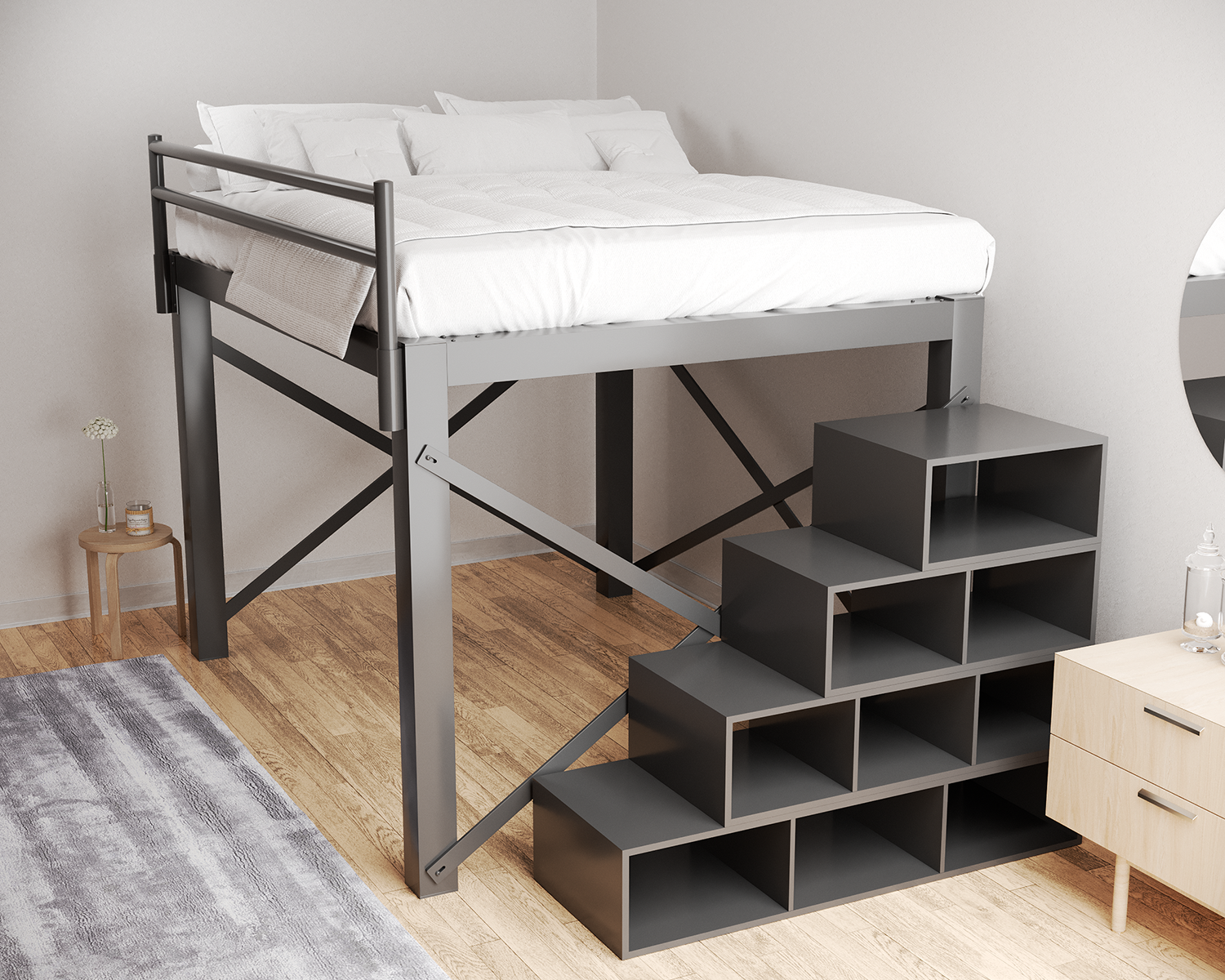 California King Loft Bed Charcoal Staircase