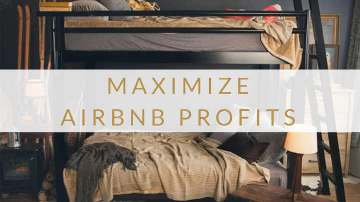 A picture of a black Adult Bunk Bed in a ski lodge with the text "Maximize Airbnb Profits" over the image.
