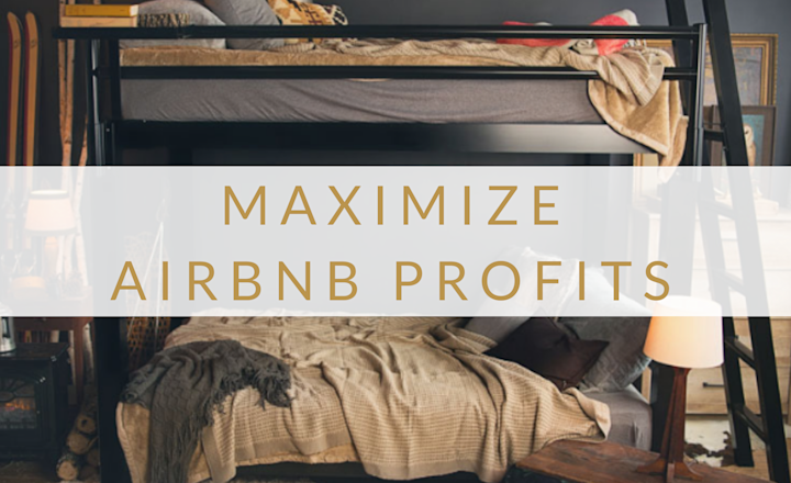 A picture of a black Adult Bunk Bed in a ski lodge with the text "Maximize Airbnb Profits" over the image.