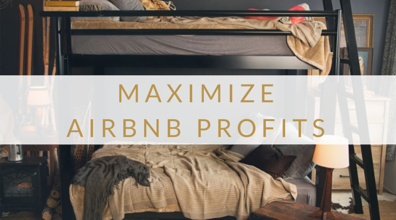 A picture of a black Queen Over Queen Adult Bunk Bed in a ski lodge with the text "Maximize Airbnb Profits" over the image.