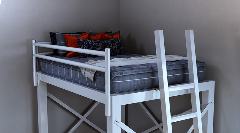 A white Queen size Adult Loft Bed with Blair-style (grayish blue with white stripes) zipper bedding on the mattress. Seen close up from the lower right hand side of the bed.