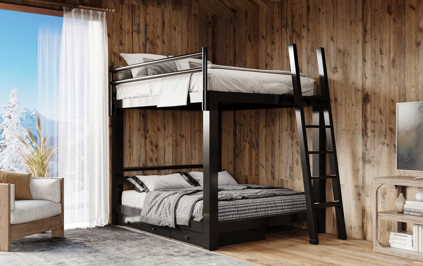 Black Adult Bunk Bed in a wood-walled mountain home bedroom seen directly from the lower left-hand corner of the bed