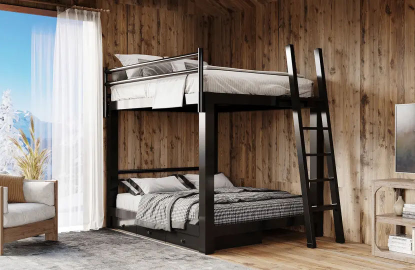 Black Adult Bunk Bed in a wood-walled mountain home bedroom seen directly from the lower left-hand corner of the bed