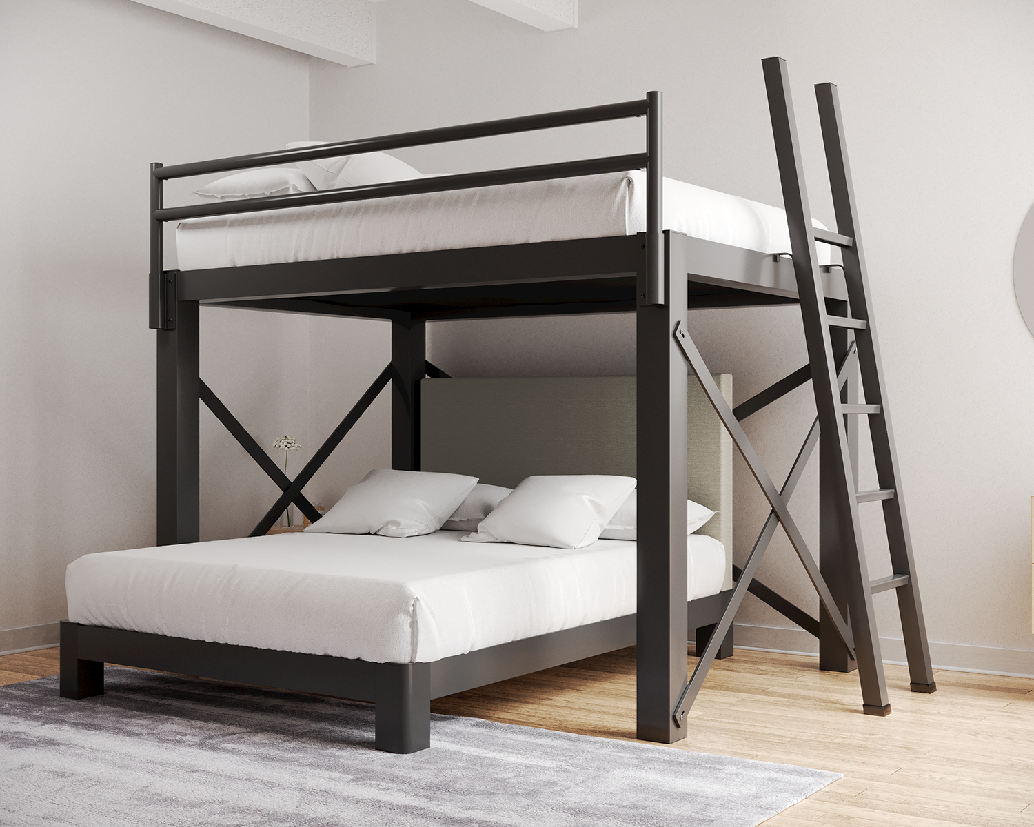 Queen L Shaped Bunk Bed Charcoal Ladder Light Gray