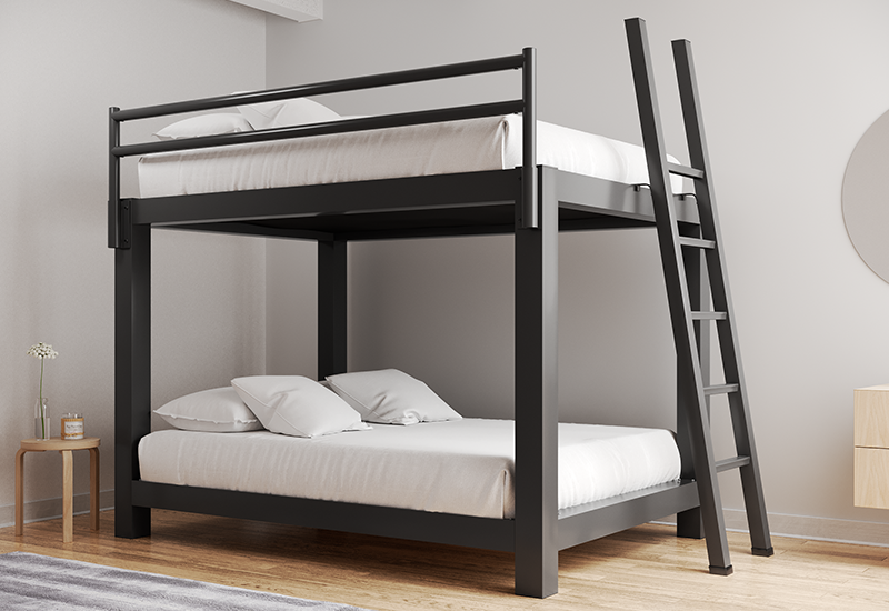 Charcoal Queen Over Queen Bunk Bed for Adults in a nice, neutral bedroom with all-white bedding seen from the right-hand side of the bed at a slight angle toward the foot of the bed - 800x550