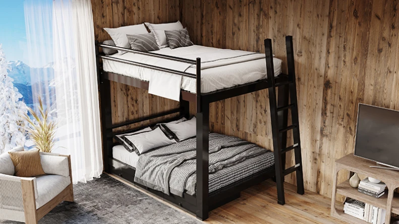 Black Queen Over Queen Adult Bunk Bed with black-and-white bedding in an upscale mountain home seen from a high angle at the lower right-hand corner of the bed.