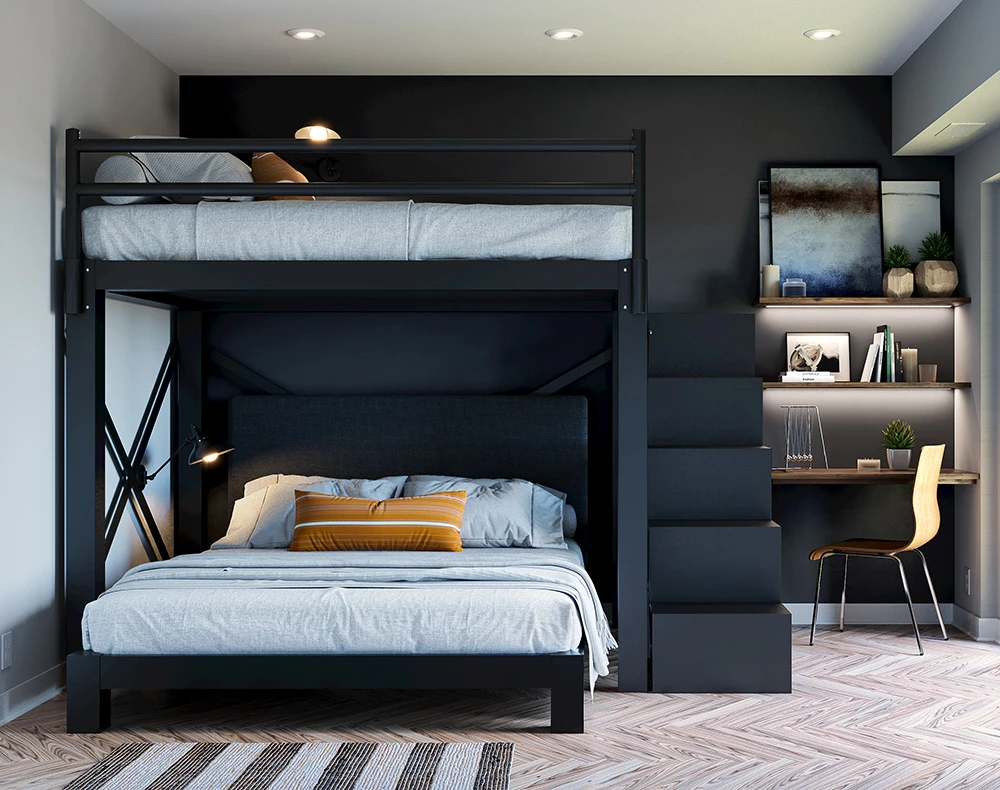 A black Full Over Queen size L-Shaped Adult Bunk Bed with a matching staircase in a nice, high-end guest room.