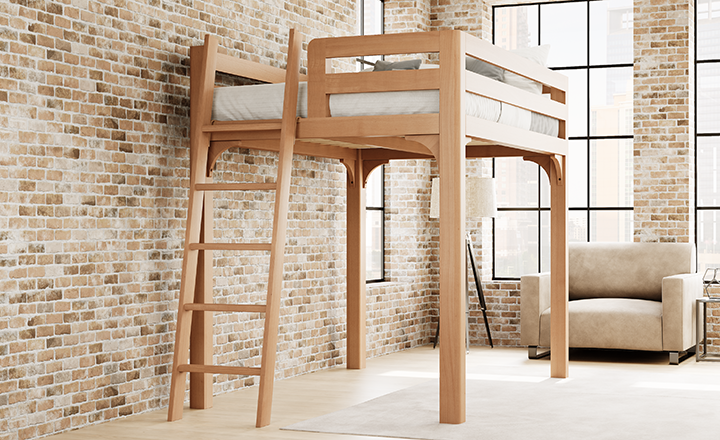 Light colored queen size Wood Loft Bed for Adults in an urban loft-style apartment with light exposed brick walls and a lot of natural lighting, seen from the foot of the bed frame where the ladder is attached at a slight angle toward the lower left-hand corner of the bed.