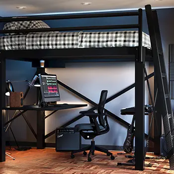 Black Full XL size metal Adult Loft Bed with a matching desk in a bedroom also used for professional music recording. 