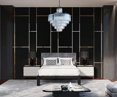 A black queen size metal Platform Bed in a luxury high rise apartment seen against the back wall directly from the front.