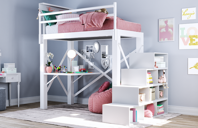 White Adult Loft Bed with a Bookshelf Headboard, attached Desk, and Storage Staircase in a teenage girl-s bedroom with pink bedding seen from the lower right-hand corner of the bed.